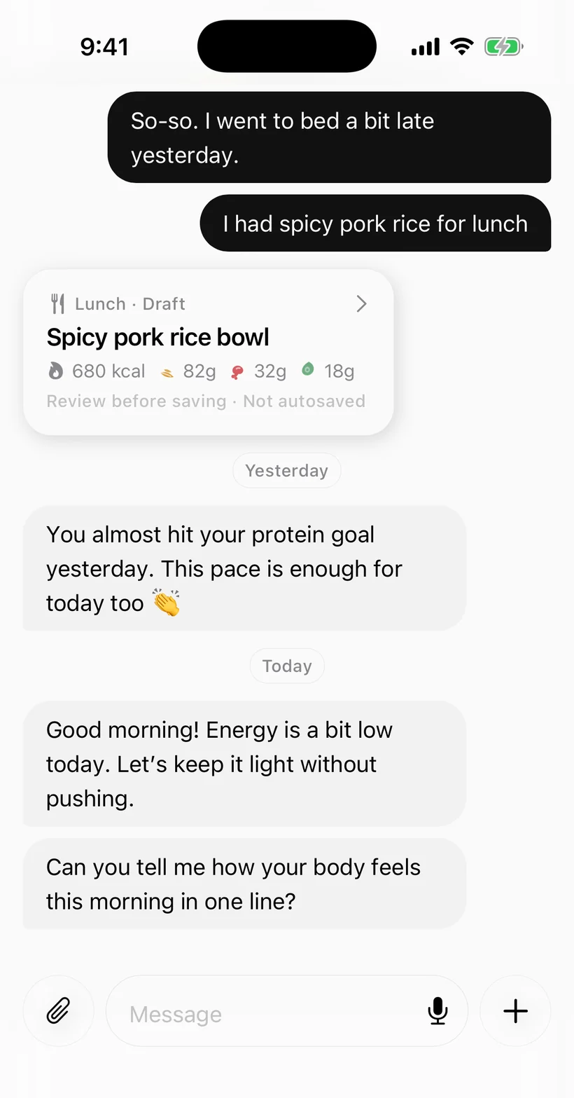 Grio chat where the coach replies after a meal is logged from a photo