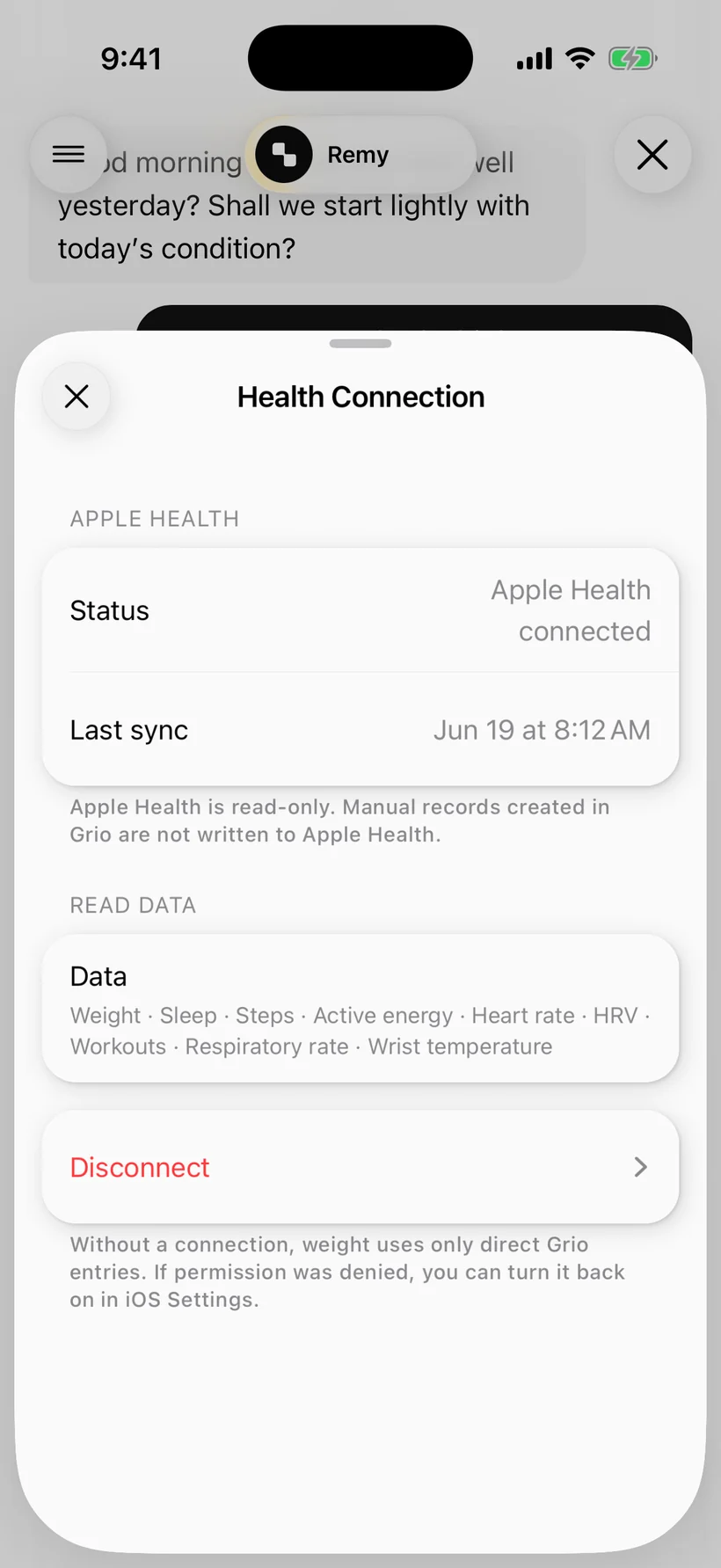 Grio activity screen showing sleep and movement context